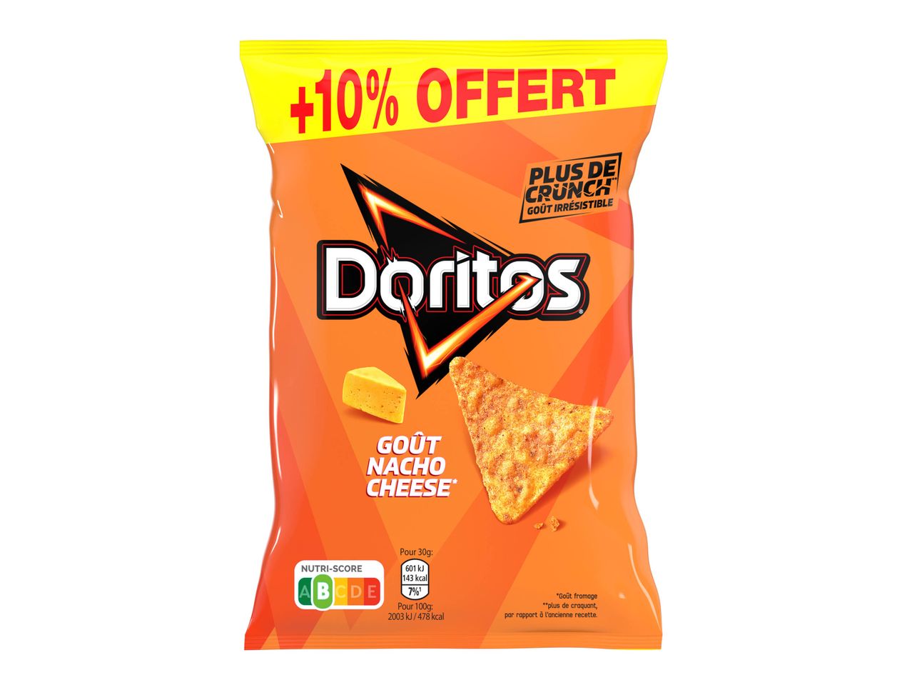 Sac de chips Doritos saveur Nacho Cheese avec une offre de 10%.