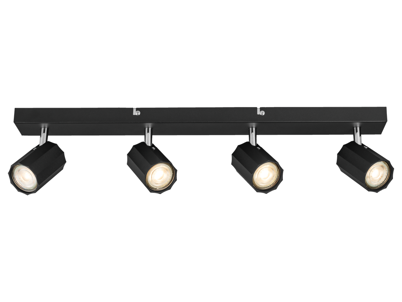 Rail noir avec quatre spots LED réglables.