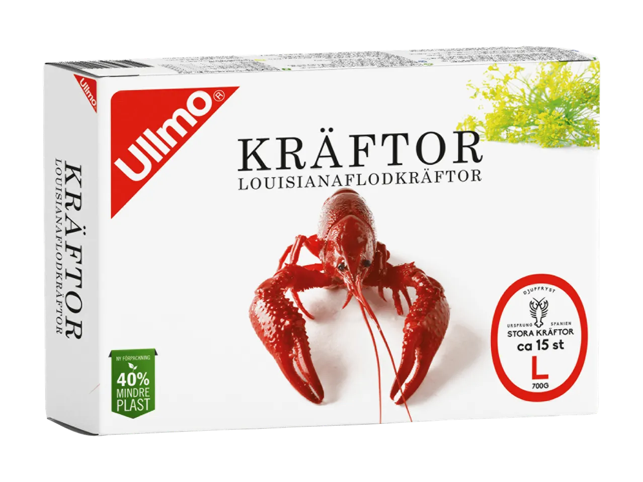 Pakkaus pakastettuja rapua, jossa on tekstiä ja kuva ravusta.