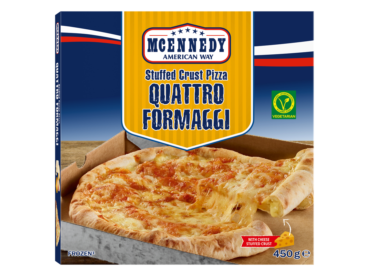Pizza quatre fromages à croûte farcie, végétarienne et surgelée, 450g.