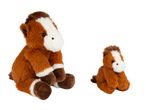 Two brown and white horse plush toys, one large and one small, sitting on a white background.