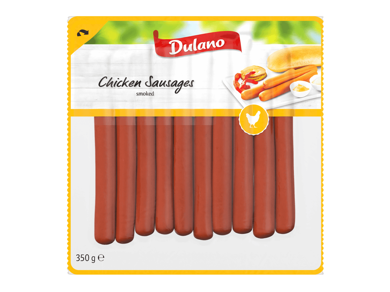 Savustettuja kanamakkaroita pakkauksessa, jossa on kuva hot dogista ja mausteista.