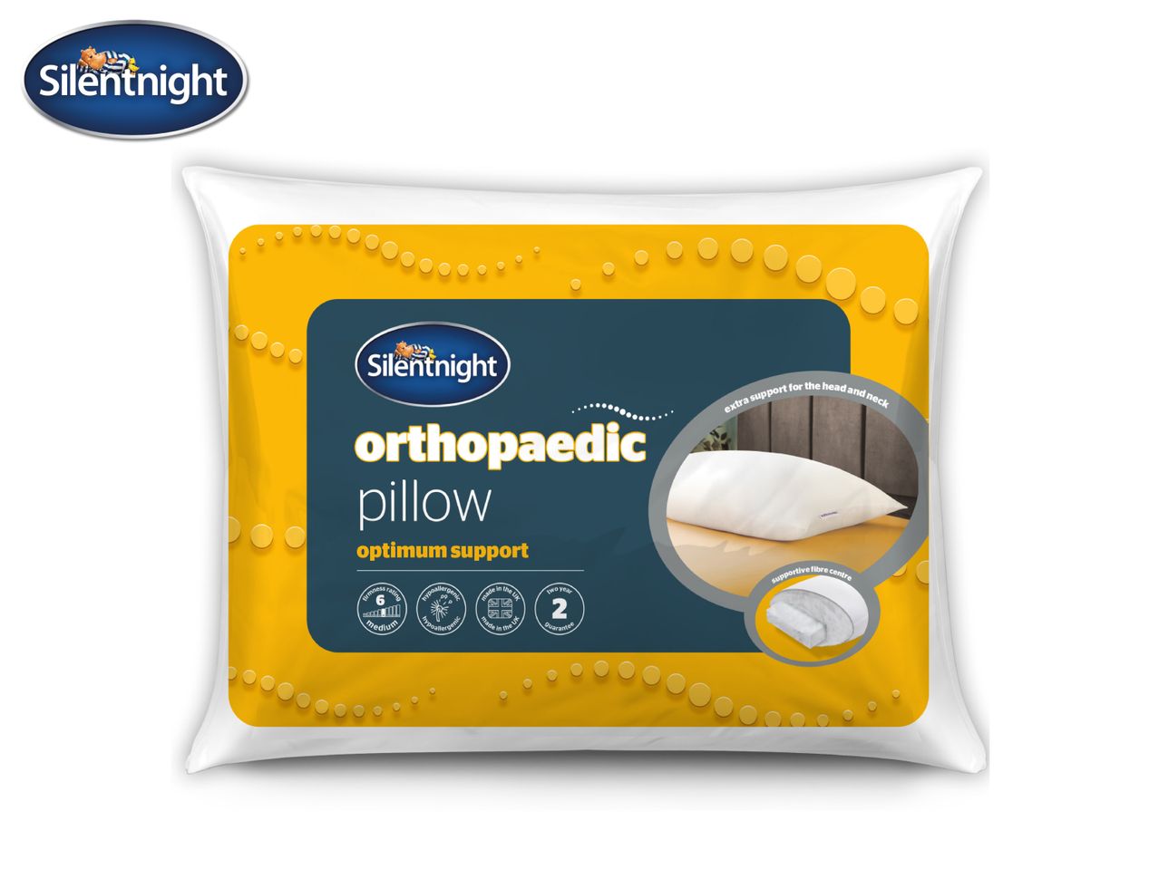Orthopaedic pillow with optimum support, medium firmness, hypoallergenic, and a two-year guarantee.