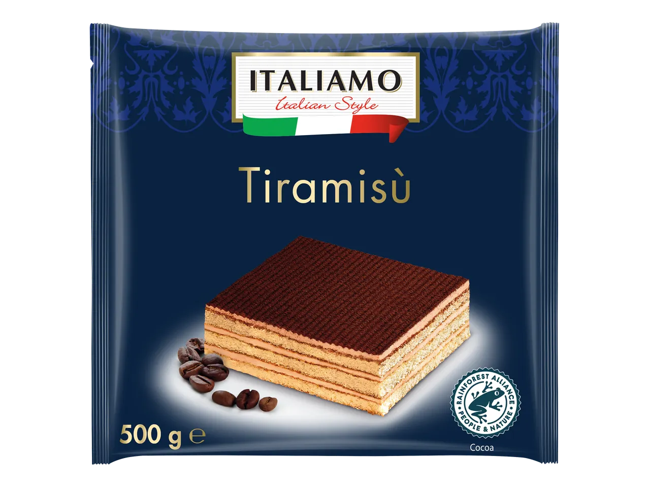 Paquet de tiramisu de style italien avec des grains de café et un logo Rainforest Alliance.