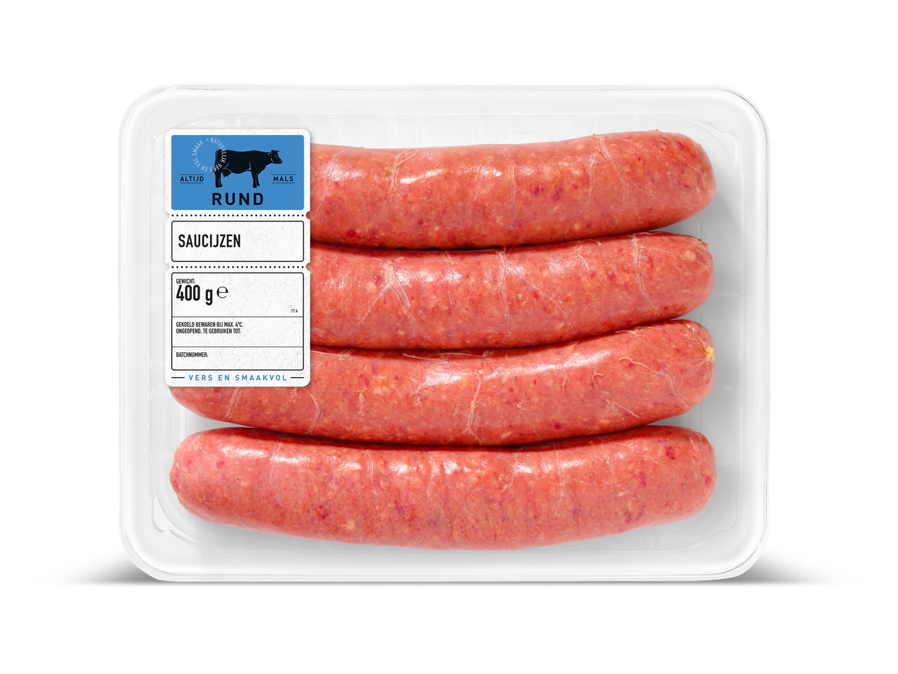 Verpakking met vier rundersaucijzen, 400 gram.