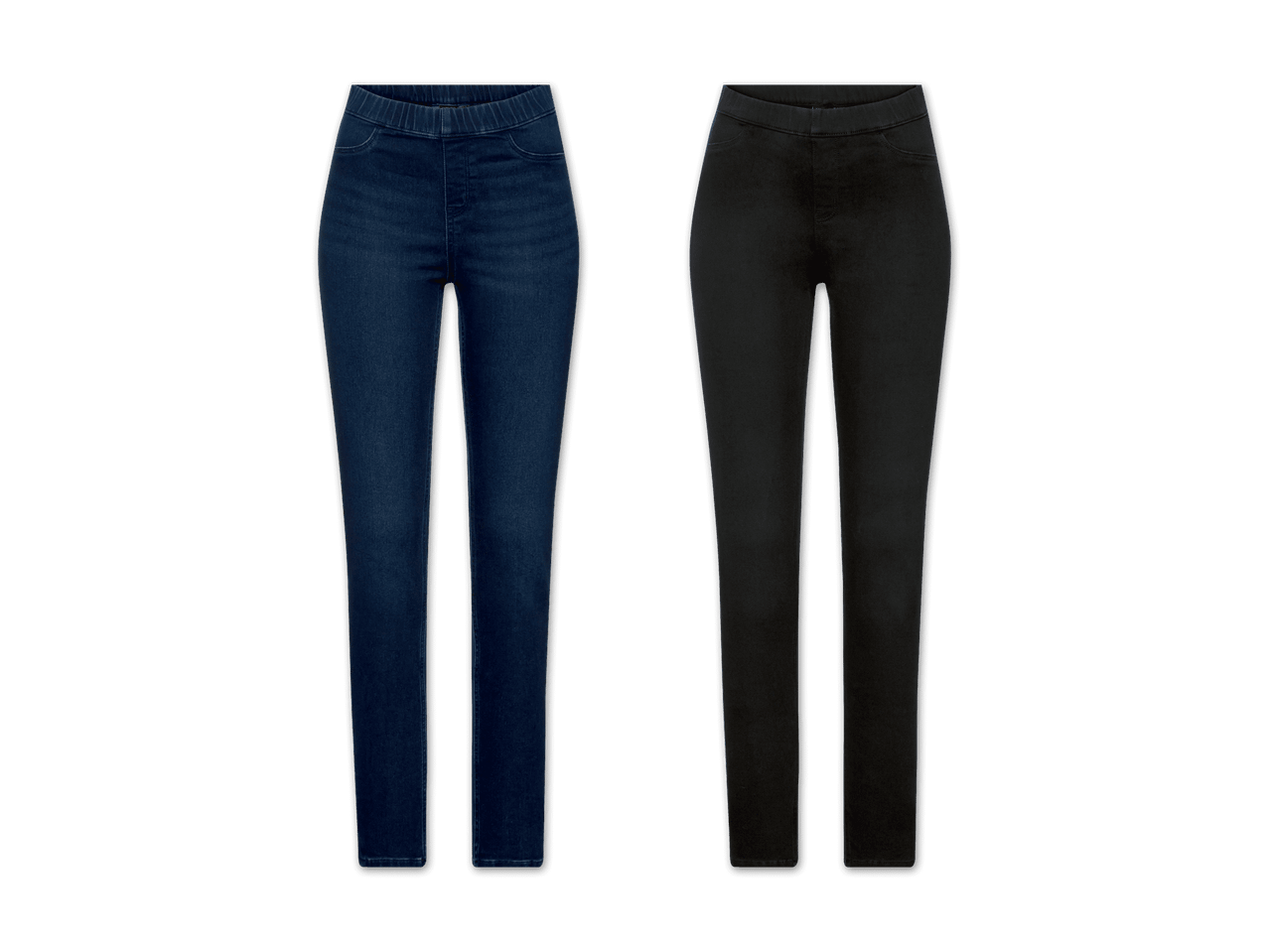 Zwei Paar Damen-Jeggings, eine dunkelblau, eine schwarz.