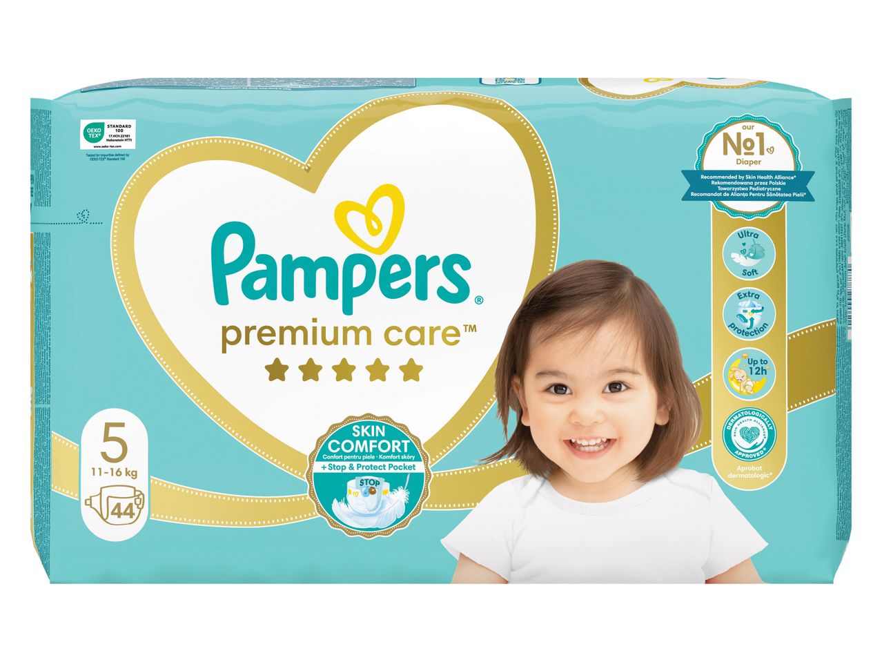 Συσκευασία βρεφικών πανών μεγέθους 5 (11-16 kg) με 44 τεμάχια, με χαμογελαστό μωρό.