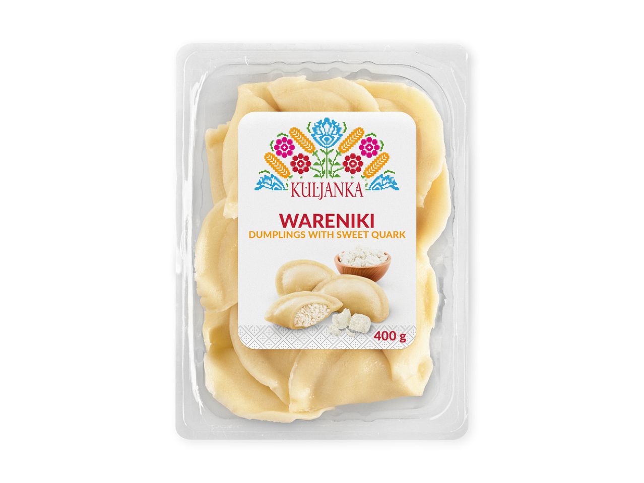 Pakke med vareniki (dumplings med sød kvark) med et farverigt, broderet blomstermønster.