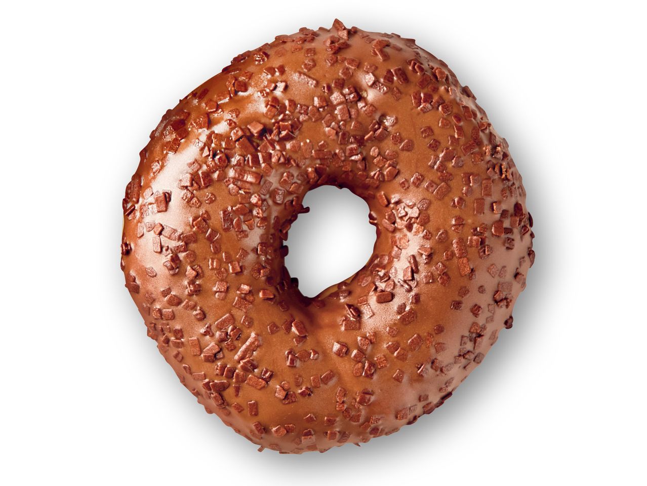 Donut med chokolade glasur og chokolade drys.