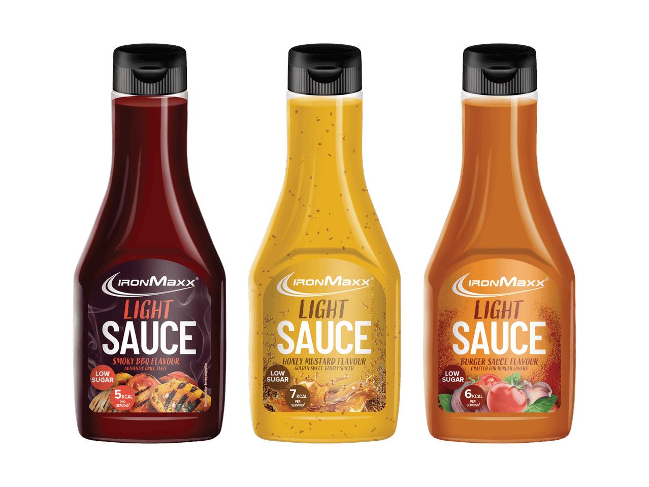 Trois sauces légères : barbecue fumé, moutarde au miel et saveur burger, toutes faibles en sucre.