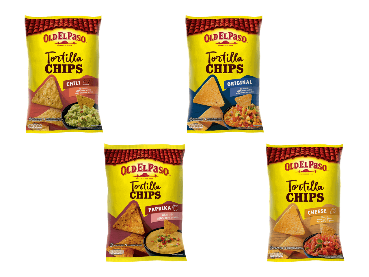 Neljä pussia Old El Paso Tortilla Chips -sipsejä eri mauissa: chili, original, paprika ja juusto.