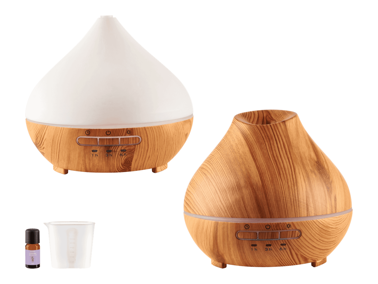 Kaksi puunväristä aromidiffuusoria, joista toisessa on valkoinen kansi, sekä laventeliöljy ja mittakuppi.