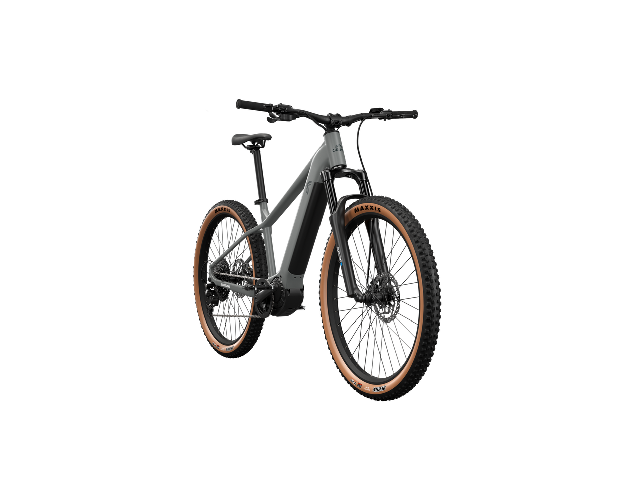 Bicicletă electrică de munte cu anvelope Maxxis și componente Shimano.