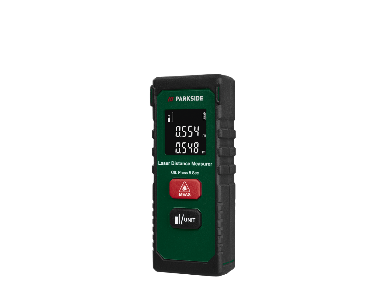 PARKSIDE lāzera attāluma mērītājs ar digitālo displeju, kas rāda 0.554 m un 0.548 m.