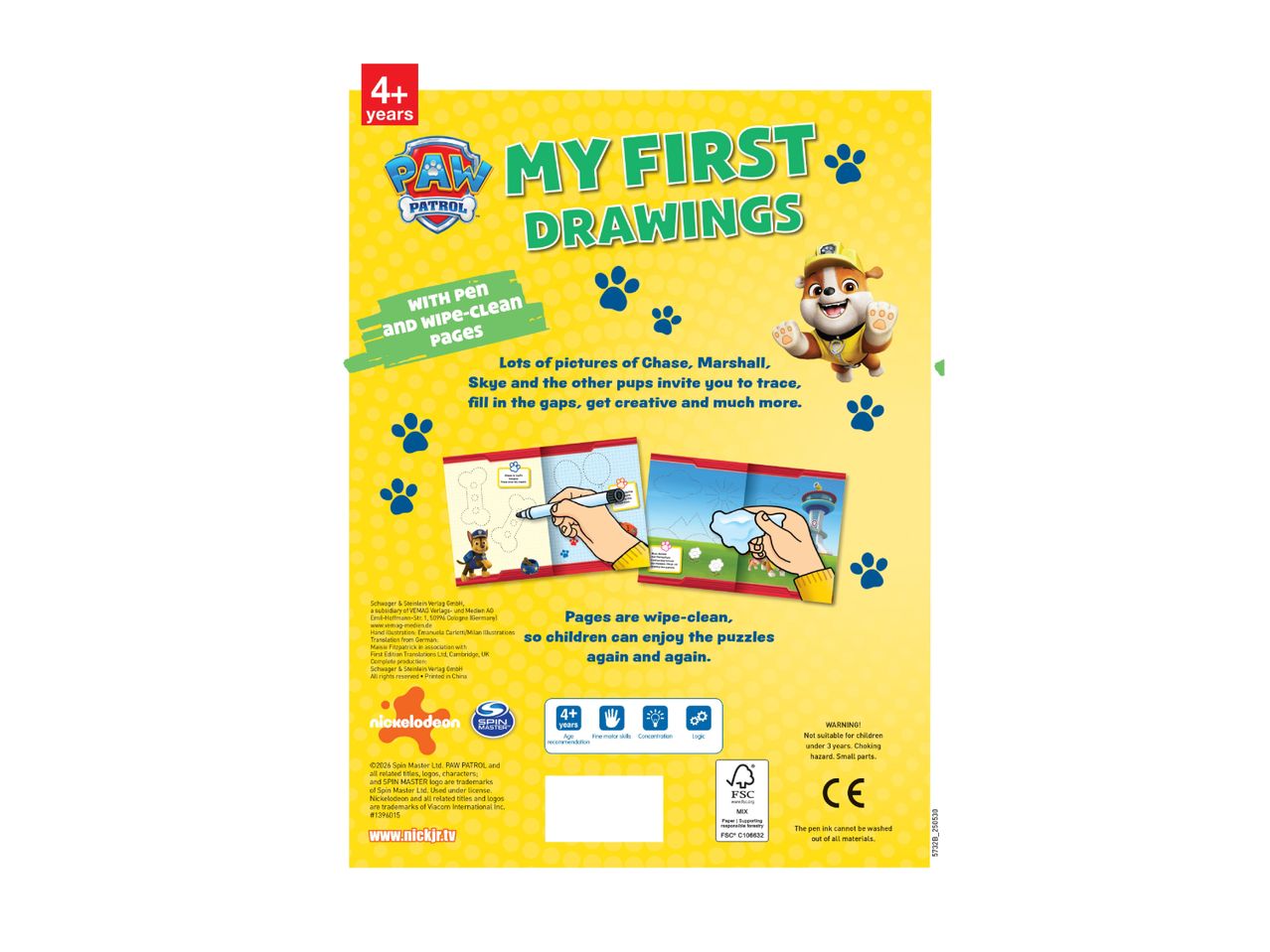 Paw Patrol drawing book for ages 4+ with wipe-clean pages and pen.