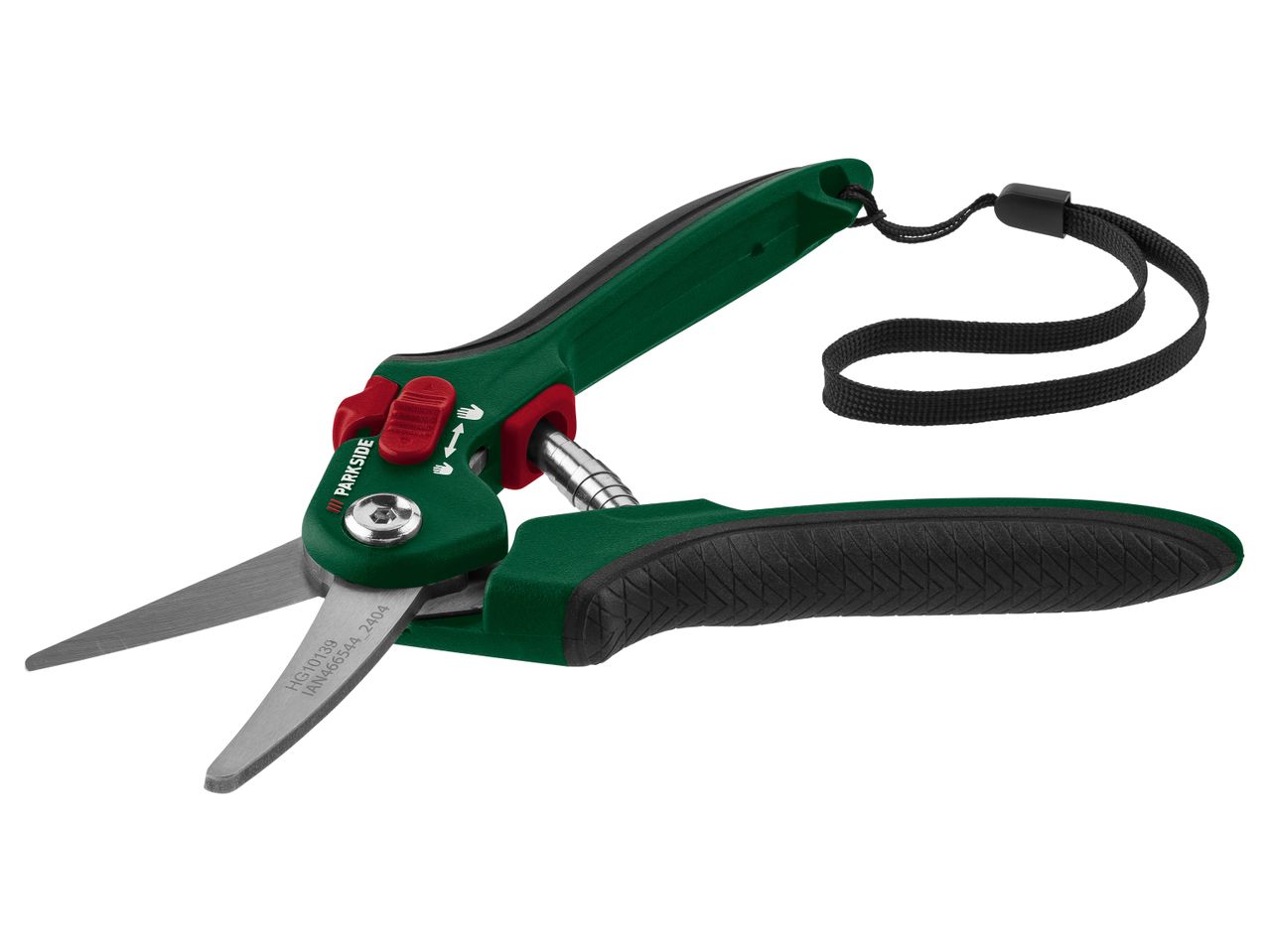 Gardena bypass pruning shears with a wrist strap.
