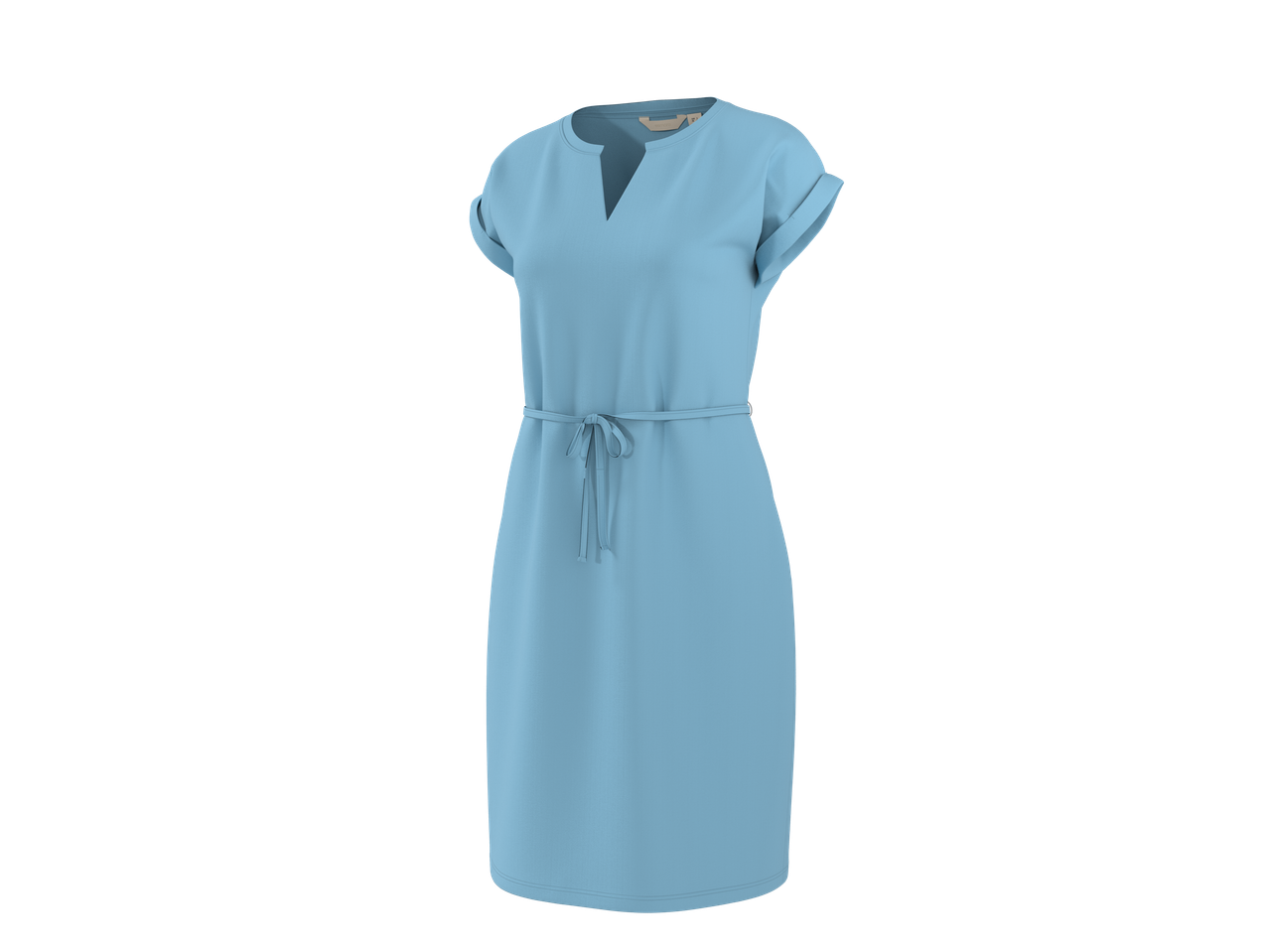 Ανοιχτό μπλε φόρεμα με κοντά μανίκια, V-λαιμόκοψη και ζώνη στη μέση