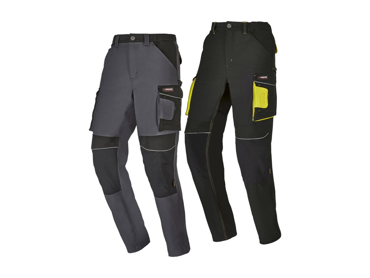 Dvoje muških radnih hlača u sivoj i crnoj boji s džepovima i reflektirajućim detaljima.