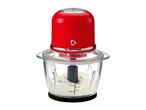 Red electric food chopper with a glass bowl containing whipped cream.