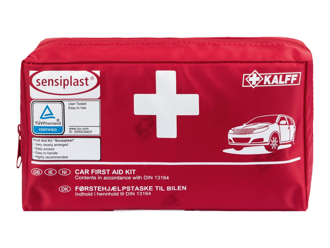 Red car first aid kit with a white cross, certified by TÜV Rheinland.