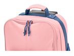 Pink and blue backpack with a top handle and front zipper pocket.