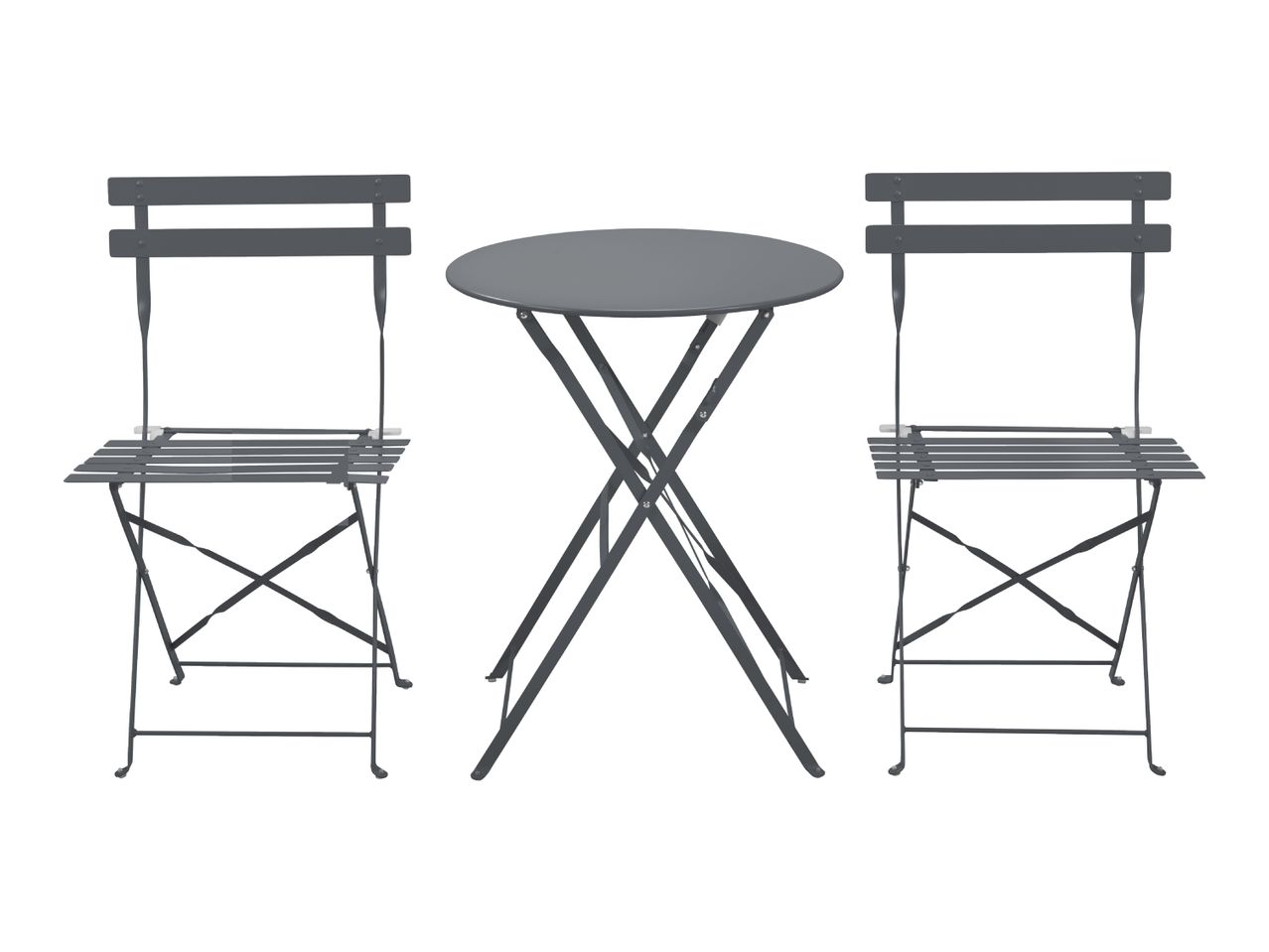 Dark grey bistro set with a round table and two folding chairs.