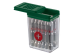 Parkside® bitset in een transparante doos met een groen deksel, met een rood plusteken.