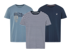 Tri muške majice kratkih rukava: jedna prugasta, jedna plava s natpisom i jedna tamnoplava s logotipom.