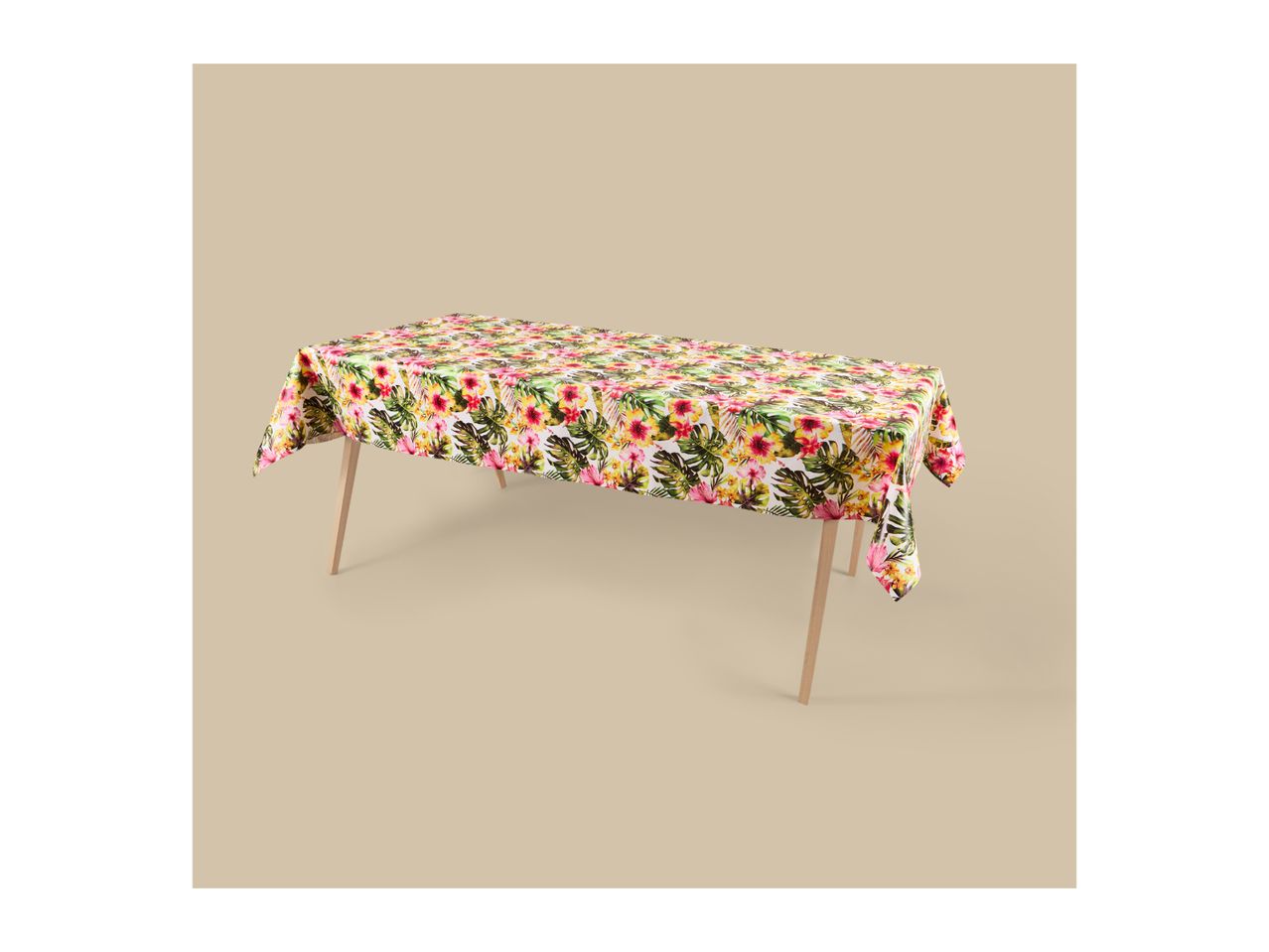Rectangular tablecloth with a vibrant tropical floral pattern on a light background.