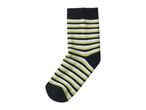 Striped sock in black, white, and lime green