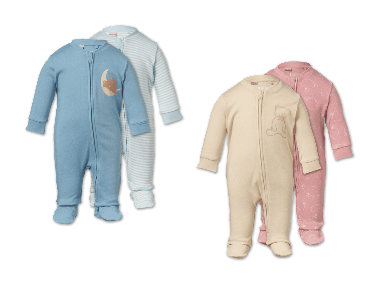 Vier Baby-Schlafanzüge: zwei blaue mit Bärenmotiv und zwei rosa mit Bärenmuster.