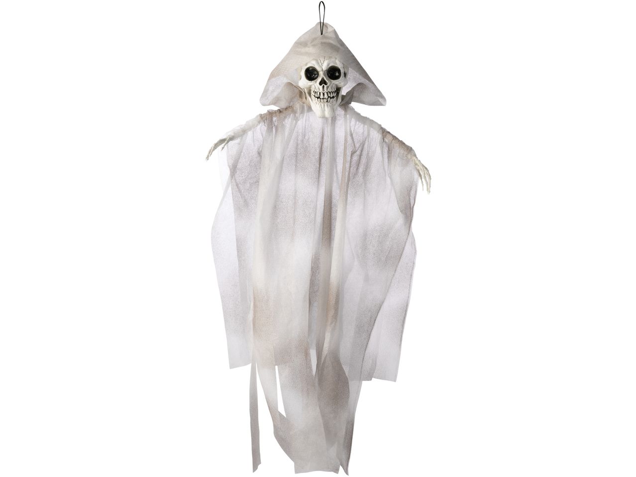 Fantasma scheletro appeso con cappuccio bianco e braccia scheletriche
