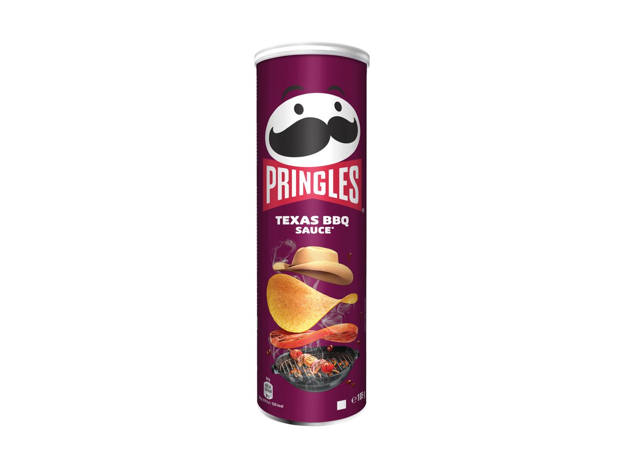 Pringles Texas BBQ Sauce crisps in a purple tube with a cowboy hat, crisps, and a grill.