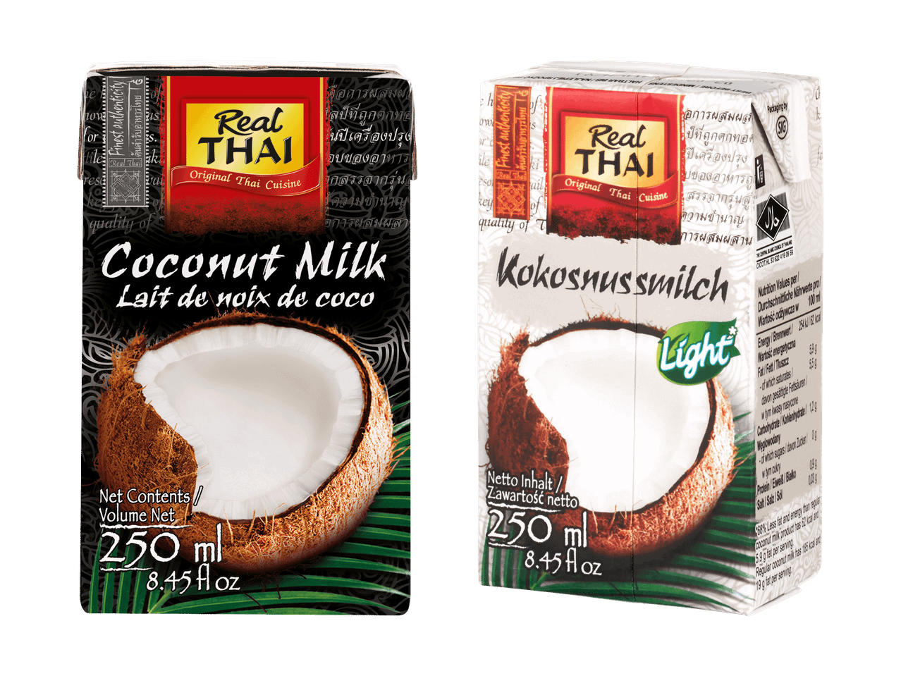 Zwei Packungen Kokosmilch, eine klassische und eine leichte, mit Kokosnüssen.
