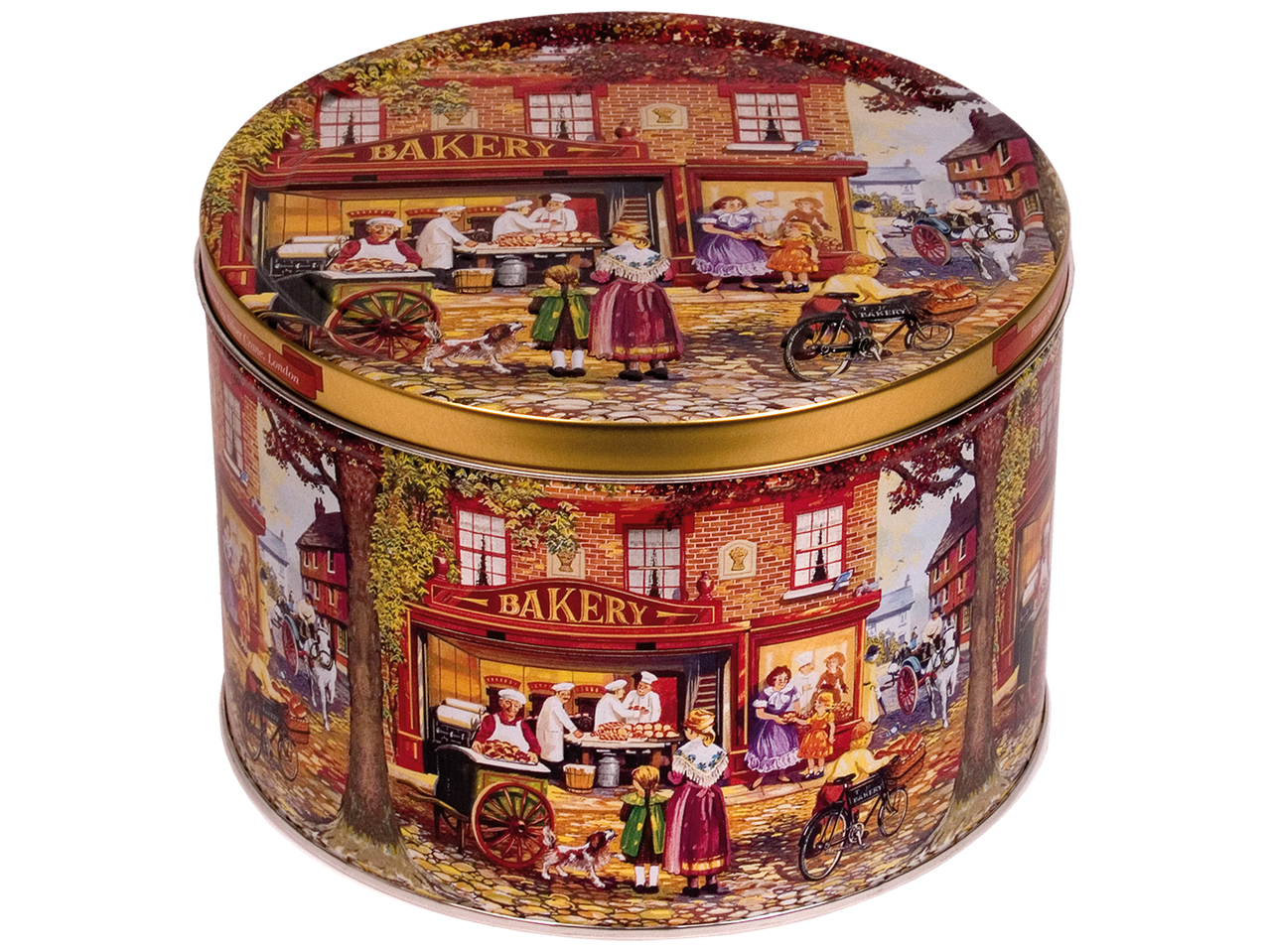 Boîte à biscuits ronde décorée d'une scène de boulangerie animée avec des personnages et des animaux.