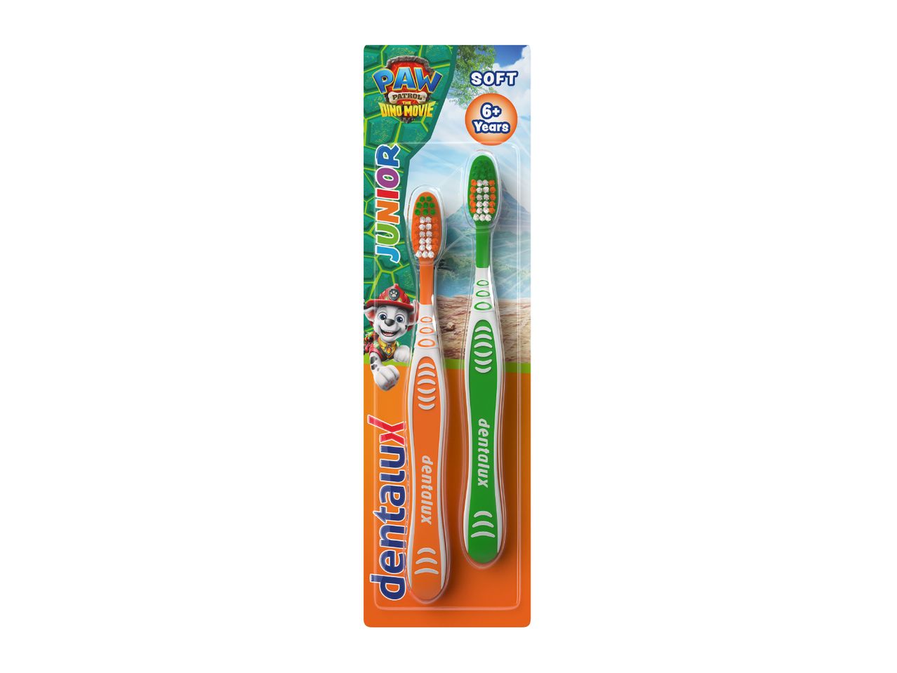 Two children's toothbrushes, orange and green, with a Paw Patrol Dino Movie theme, for ages 6+.