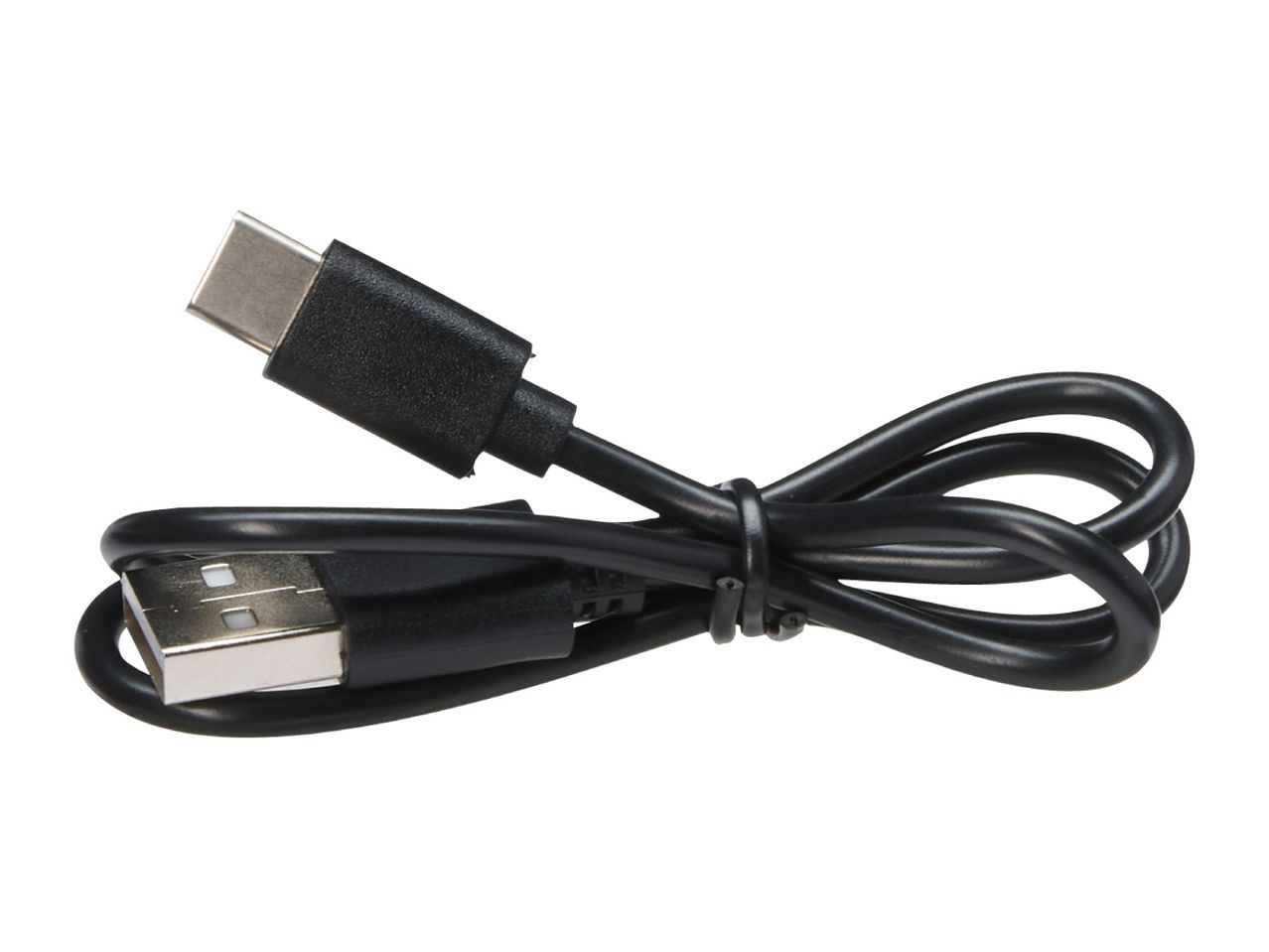 Black USB-C to USB-A charging cable, neatly coiled and secured with a tie.