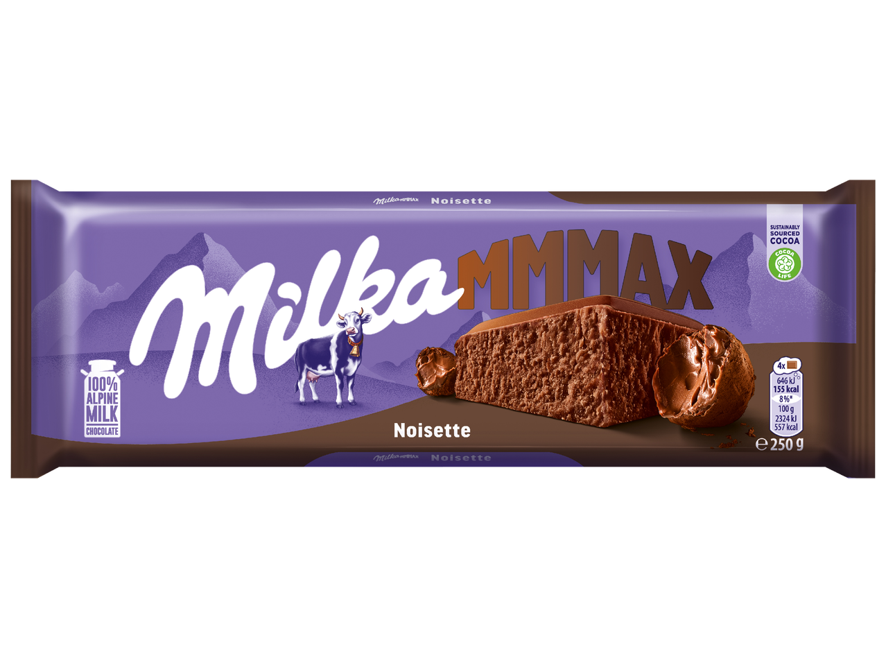 Шоколад с лешници, крава, планини и надпис „100% алпийско мляко“.