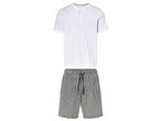 Men's Pyjama Set of white shirt and gray striped shorts.