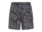 Men's grey swim shorts with a dark abstract pattern and an elasticated waist.