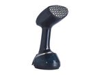Dark blue handheld garment steamer with a textured steam plate and water level indicator.
