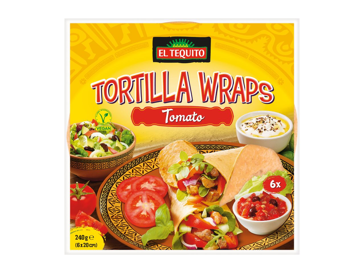 Packaging for tomato tortilla wraps, featuring a vegan label and showing wraps with fillings, salsa, and salad.