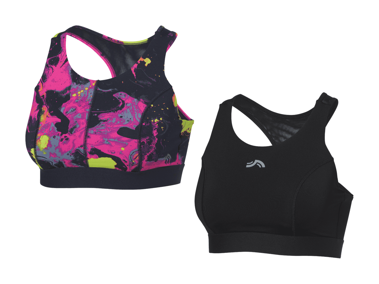 Zwei Sport-BHs: ein schwarzer und ein pink-gelb gemusterter.