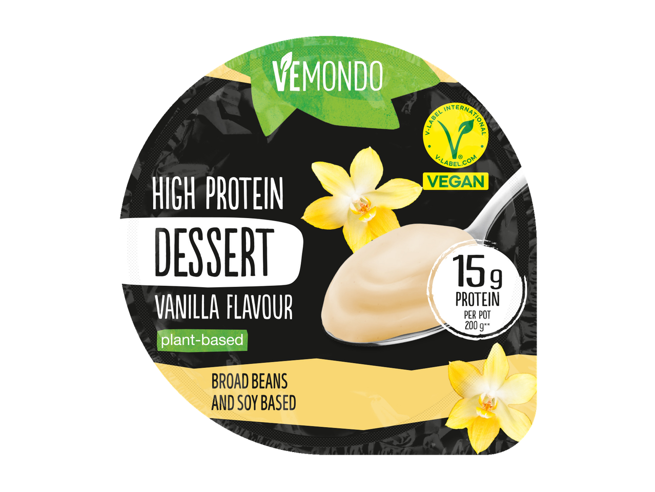Vemondo High Protein Vanille Dessert, plantaardig, op basis van tuinbonen en soja, 15g eiwit per potje van 200g, vegan.