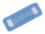 Blue microfiber mop pad with fluffy edges and white elastic straps.