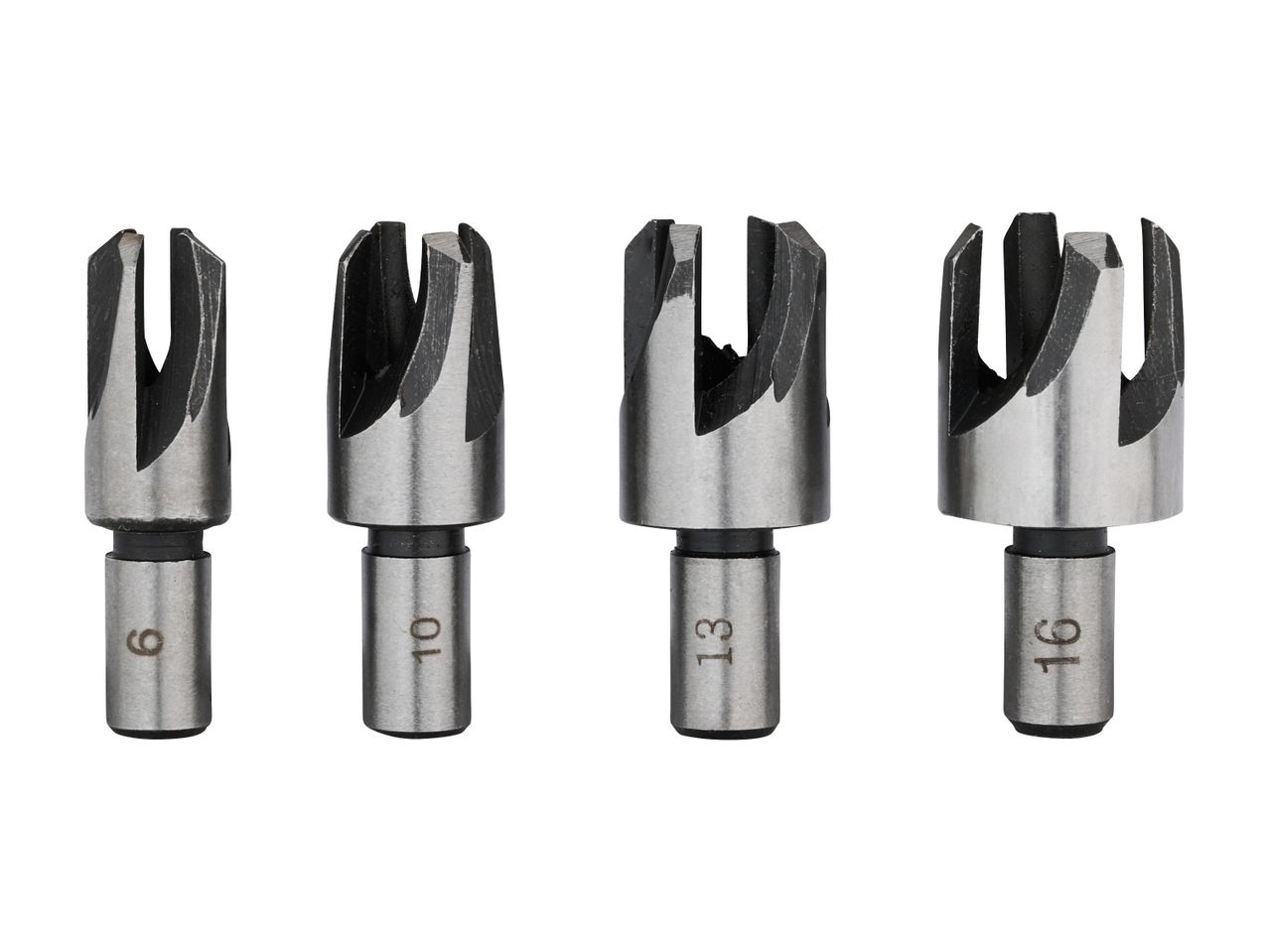 A set of four metal plug cutters of different sizes: 6, 10, 13, and 16.