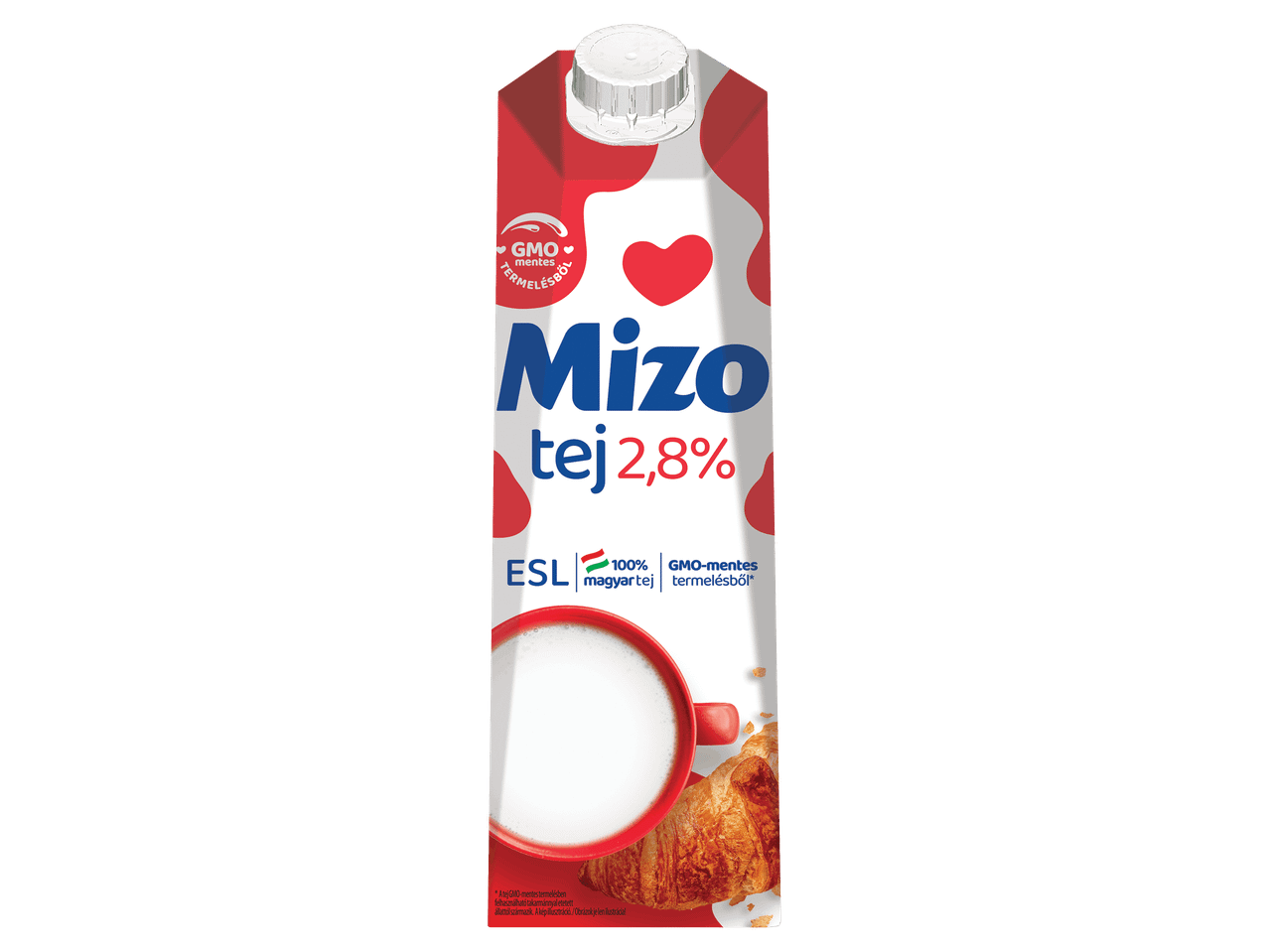 2,8%-os zsírtartalmú tej piros bögrével és croissant-nal a csomagoláson.