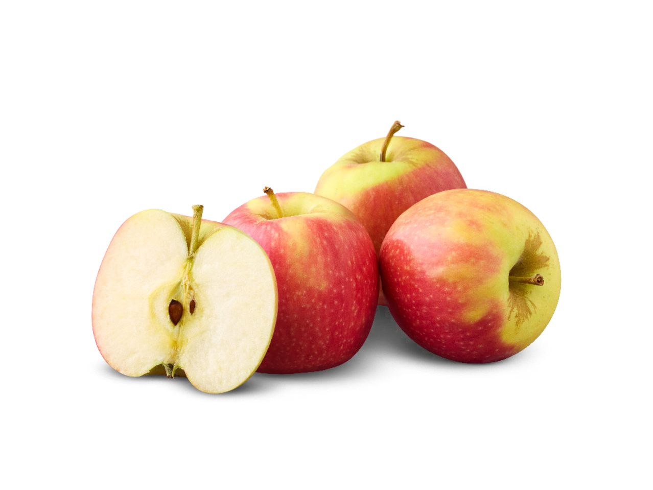 Three whole apples and one halved apple.