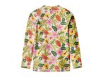 White long-sleeved rash guard with a vibrant tropical floral and leaf pattern