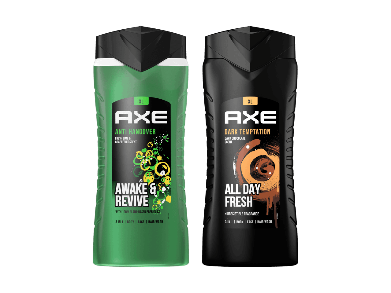Zwei Flaschen Axe Duschgel: Anti Hangover (Limette & Grapefruit) und Dark Temptation (dunkle Schokolade).